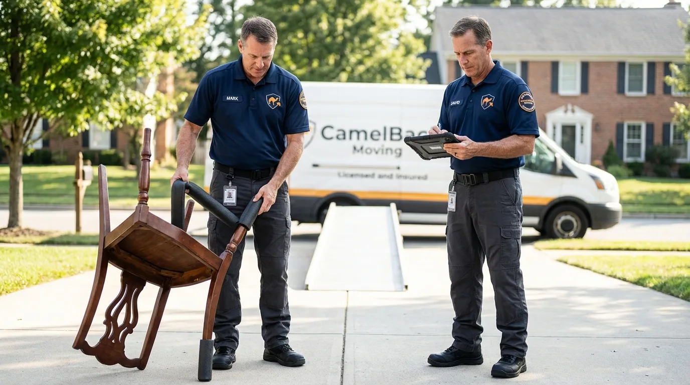 Movers inspecting furniture for damage prevention before loading in Elk River, MN