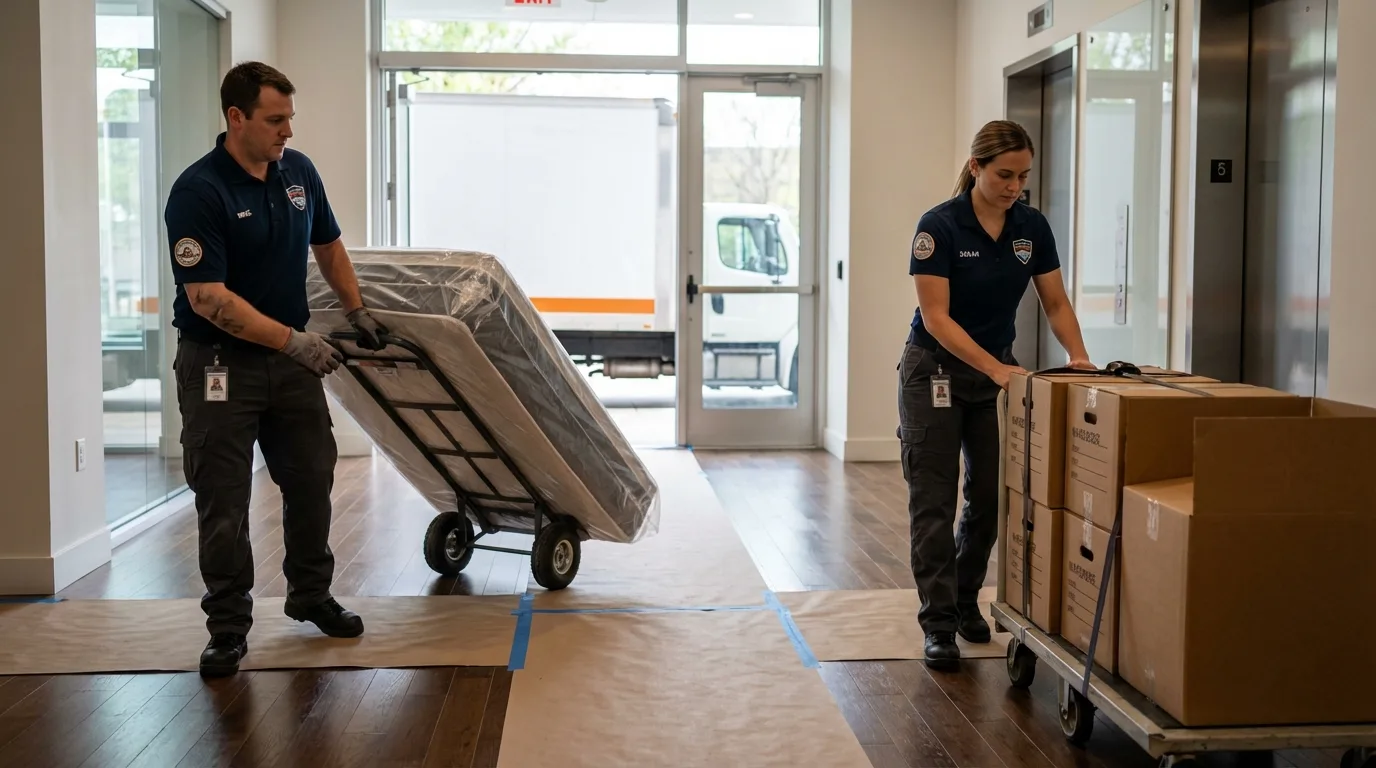 Professional apartment movers loading elevator in Elk River, MN