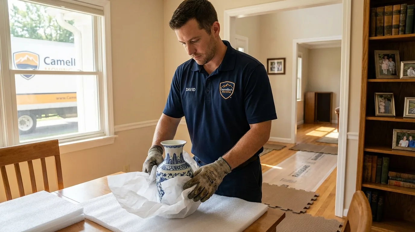 Professional crew carefully wrapping antique vase for senior downsizing move in Elk River, MN